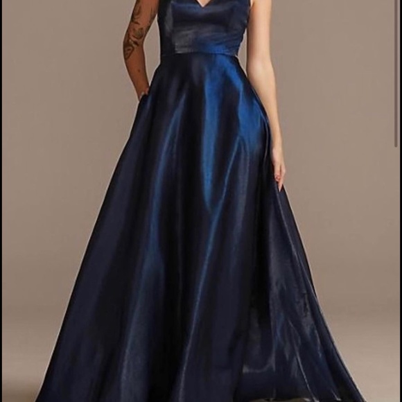 David’s Bridal V neck Satin Ballgown with Rhinestone Crystal Straps - Picture 4 of 4